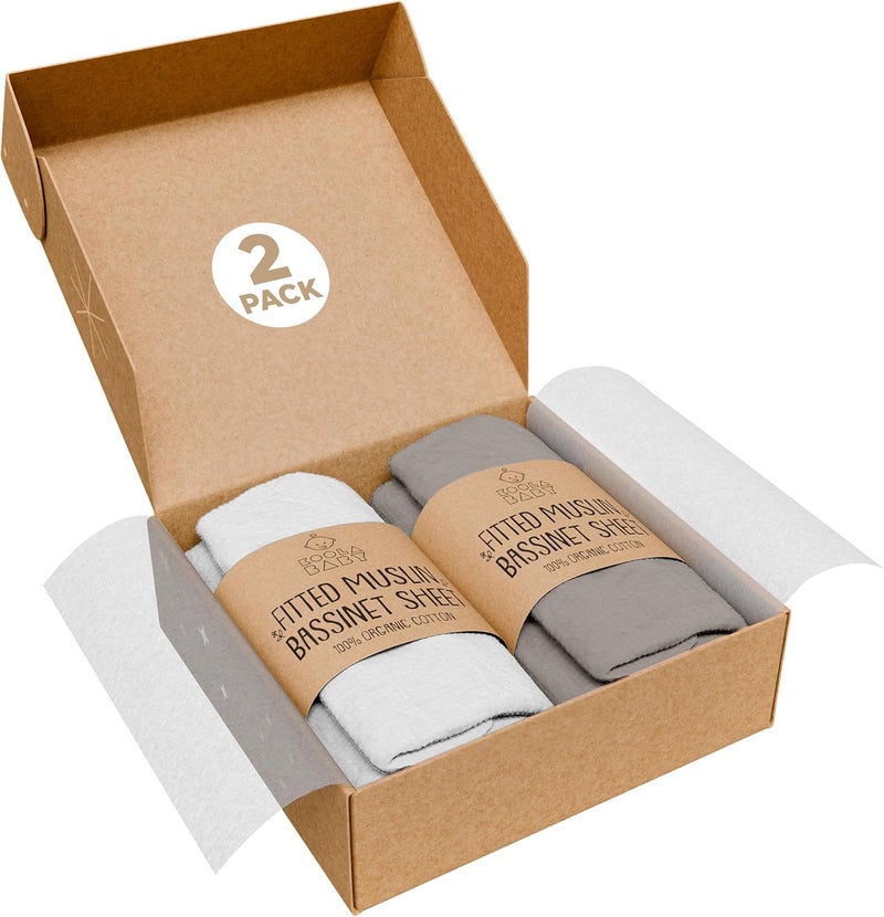 KoolerThings Bassinet Fitted Sheets - Compatible with 4moms MamaRoo Sleep Bassinet | 100% Organic Muslin Cotton - White + Grey | 30x18 (2 Pack) - Image 1